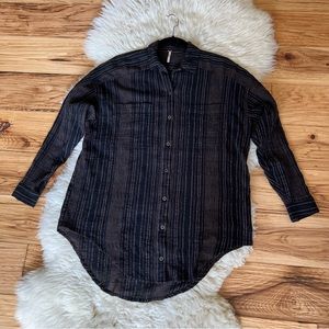 Free People Striped Button Up Tunic Black Brown XS